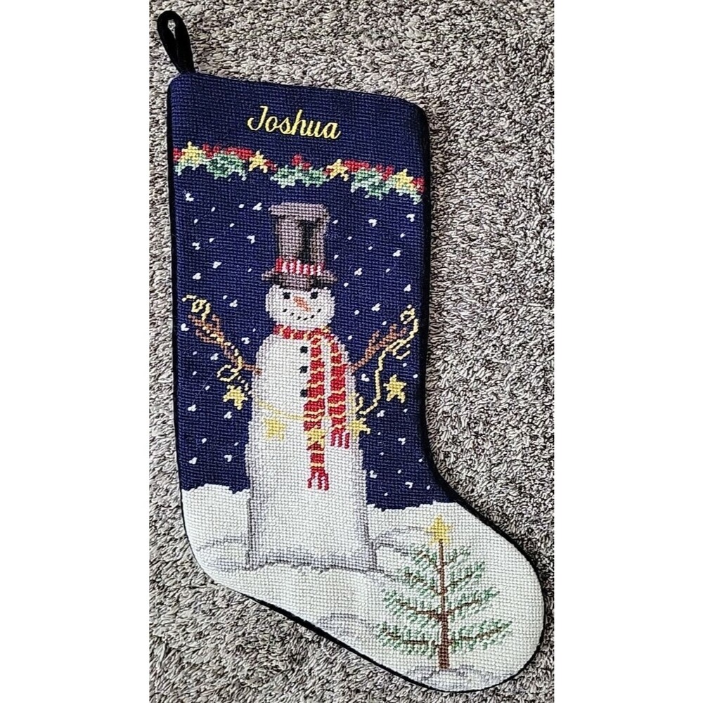 Wool Needlepoint Christmas Stocking Lands' End Snowman Monogram Joshua Decor